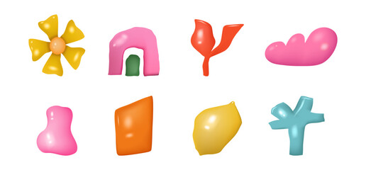 3d Abstract shapes. Organic geometric forms, cute colorful glossy elements, liquid doodle art graphic for design. Creative fluid y2k minimal blob, flower and rainbow. Vector isolated illustration set