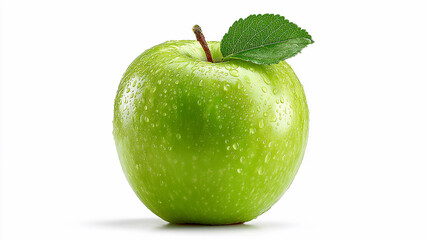 Fresh green apple with water droplets and a leaf on top
