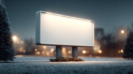 Illuminated blank billboard in a snowy winter evening with bokeh lights