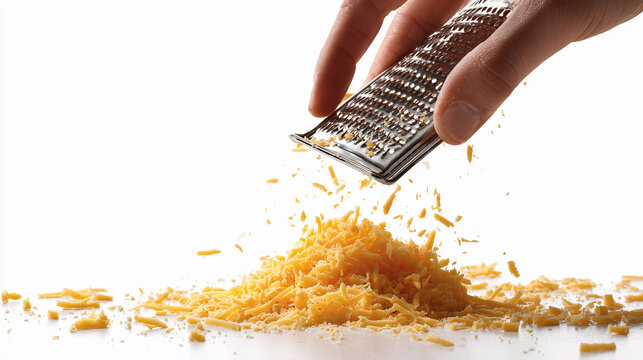 Grating cheese with a metal grater on a white surface