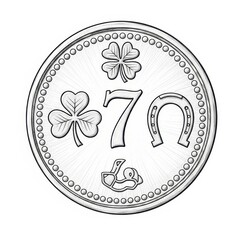 Lucky Coin With Clovers, Horseshoe, Lucky Number Seven and Horseshoe Cartoon Illustration
