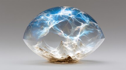Captivating Glass Sculpture with Blue and White Swirls, Artistic Abstract Design.