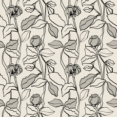 Flower minimal seamless pattern. Hand drawn line flowers and branches with leaves. Herbal and meadow plants. Decor textile, wrapping paper, wallpaper. Print for fabric. Vector botanical background