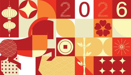 Happy Chinese New Year 2026 Year of the Horse vector geometric illustration with red gold and orange shapes. Modern festive design for greeting card poster banner packaging and background. © TWINS DESIGN STUDIO