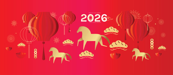  Happy Chinese New Year 2026 Year of the Horse vector illustration with red and gold zodiac horses lantern icons and lucky symbols. Design for greeting cards banners posters packaging and backgrounds. © TWINS DESIGN STUDIO