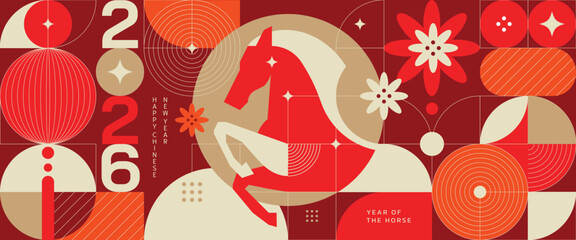 Fototapeta premium Happy Chinese New Year 2026 Year of the Horse vector geometric illustration with red and gold lantern elements. Modern festive design for greeting cards posters banners packaging and backgrounds.