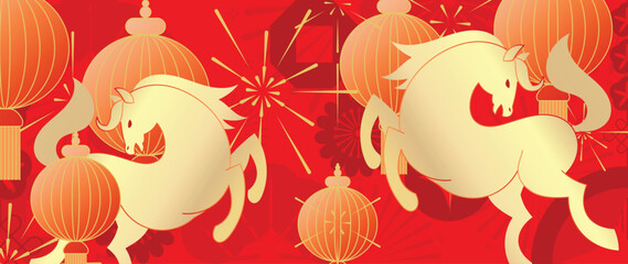  Happy Chinese New Year 2026 Year of the Horse vector illustration with red and gold zodiac horses lantern icons and lucky symbols. Design for greeting cards banners posters packaging and backgrounds.