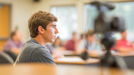 Obraz premium Young student listens attentively during class session in a university setting