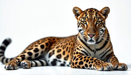 Obraz premium A jaguar reclines on a white backdrop, its spotted coat prominent. The powerful big cat rests, displaying its alert eyes and muscular build, captured in a studio setting.