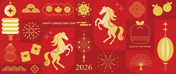 Obraz na płótnie Canvas Happy Chinese New Year 2026 Year of the Horse vector illustration with red and gold zodiac horses lantern icons and lucky symbols. Design for greeting cards banners posters packaging and backgrounds.