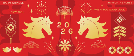  Happy Chinese New Year 2026 Year of the Horse vector illustration with red and gold zodiac horses lantern icons and lucky symbols. Design for greeting cards banners posters packaging and backgrounds.