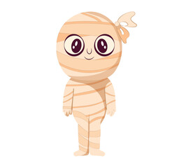 Cute cartoon mummy girl character with bandages and bow for kids Halloween projects