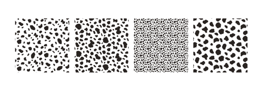 Seamless cow print patterns. Black and white holstein mini spots background collection. Irregular freeform blobs animal skin texture simple shapes. Camouflage patterns. Vector cow monochrome seamless.