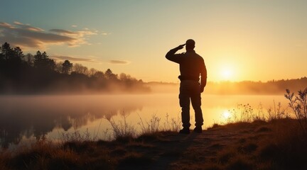 Silhouette veteran salute sunrise lake mist soldier reflection horizon dawn mood over calm water and woodland edge, honoring service and quiet resilience