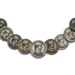 Ancient Roman Coins With Portraits in a Semicircle Shape on White Background