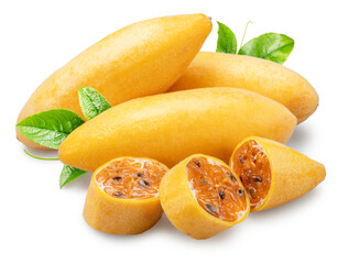 Curubas or banana passion fruits and fruit slices showing the juicy pulp and black seeds on white background. File contains clipping path.
