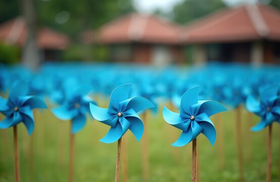 A field of bright blue pinwheels spins gently in the breeze. Rows of toys stand on sticks in grassy parkland. Buildings with red roofs are blurred in background.