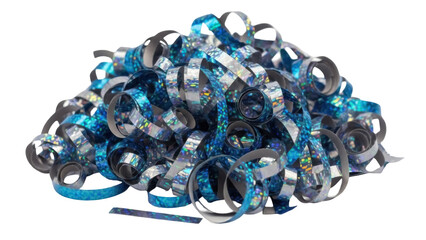 Isolated Pile of decorative metallic blue curling ribbon for wrapping gifts, celebrations,...