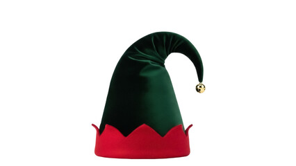Isolated festive green and red elf hat with a golden jingle bell for Christmas celebration