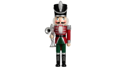 Isolated Christmas toy soldier nutcracker wearing red, green, and black uniform with trumpet