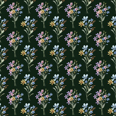 Seamless pattern with wildflowers, repeating paper, dark green background.. Floral backdrop for textile, fabric, wallpaper. Hand drawn flowers.
