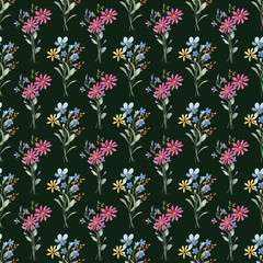 Seamless pattern with wildflowers, repeating paper, dark green background.. Floral backdrop for textile, fabric, wallpaper. Hand drawn flowers.