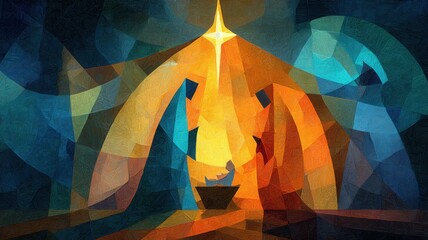 Abstract artwork showing the holy family with mary and joseph kneeling the manger, a prominent shining the above star scene