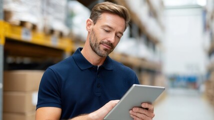 Employee managing inventory a distribution warehouse, using a tablet stock for control digital
