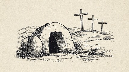 Empty tomb with stone rolled away, three crosses on hill illustrating jesus christ concept resurrection, easter