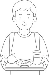 Boy Eating Meal at Table Line Art Illustration Simple Black and White Child Nutrition Vector Ai Generated