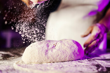 Hands sifting flour onto fresh bread dough