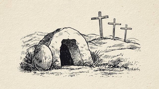 Empty tomb with stone rolled away, three crosses on hill illustrating jesus christ concept resurrection, easter