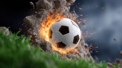 Soccer ball breaking brick wall with fiery explosion, shattering and power obstacles, showing energy