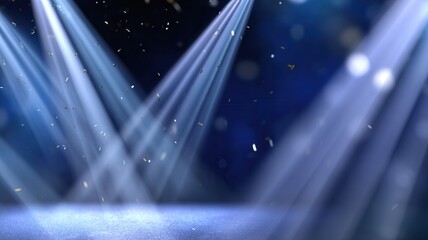 Empty stage illuminated by bright spotlights, glowing particles falling a with bokeh celebratory effect