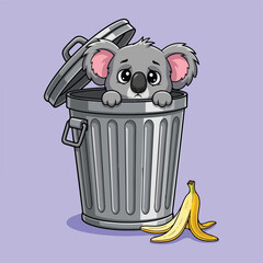 Sad Koala Bear Cartoon in Metal Trash Can