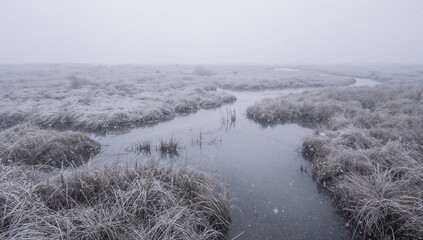 Winding marsh channel flowing through snowy wetland, showing frosted tussocks and falling snow