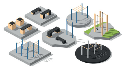 Obraz premium Isometric outdoor fitness equipment set for urban gym design