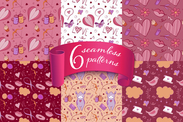 Set of 6 cute Seamless patterns with adorable Valentine doodles: hearts, gifts, arrows, and romantic icons. Playful hand-drawn style for wrapping paper, textiles, wallpapers, and holiday backgrounds.
