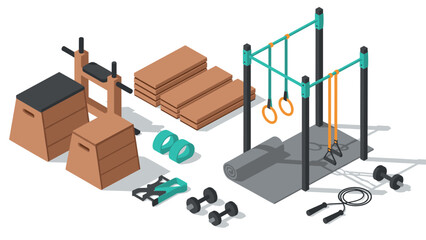 Modern gym equipment isometric set for fitness and workout spaces