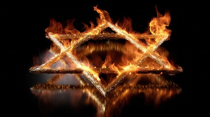Star of david symbol burning with bright orange flames, fire representing faith, strength, judaism and spirituality
