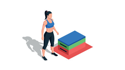 Athletic woman with plyometric box in isometric fitness training scene