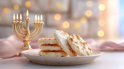 Matzah bread pieces arranged a plate with an illuminated menorah and candles, passover symbolizing holidays jewish
