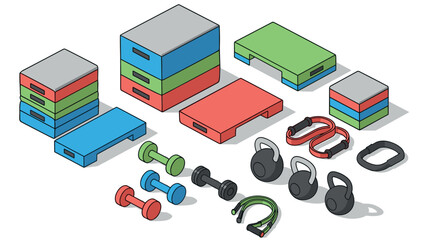 Colorful isometric gym equipment in flat design for fitness and workout inspiration