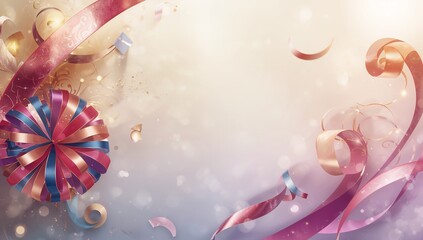Displaying multicolor rosette with curled ribbons in studio, confetti, glitter and bokeh, copy spa