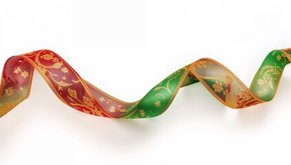 Flowing ribbon showing red and green panels with gold vines, gilt-edge, shadow on white backdrop