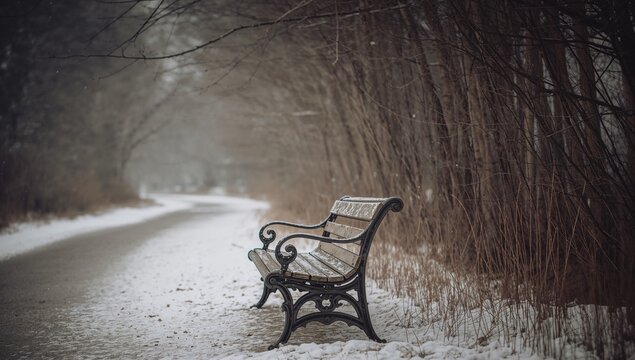 Sitting vacant ornate park bench resting beside snow-covered path into misty distance, copy space