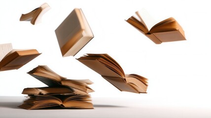Open books falling and stacking, symbolizing education, imagination, and knowledge on background overflow white