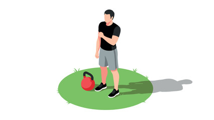Fototapeta premium Isometric fitness man with kettlebell on grass