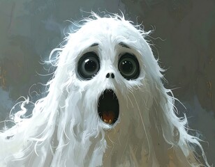 Close-up illustration of a startled, fluffy white entity with large, expressive eyes and an open mouth. Background is a muted, abstract gray
