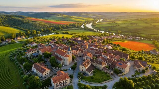 Aerial View of Historic Village at Sunset: An exquisite aerial panorama unveils an ancient village, with warm terracotta roofs and historic architecture.